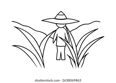 Simple line drawing scarecrow standing in rice paddy field