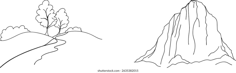 Desenho de linha simples de paisagem cênica com caminho de árvores e contorno de montanha