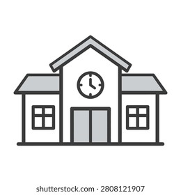 Simple line drawing of a school building with clock on front facade and two windows