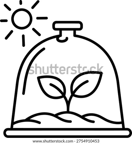 A simple line drawing of a seedling growing under a cloche with the sun shining