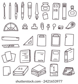 Simple line drawing set of various stationery for school and office use.