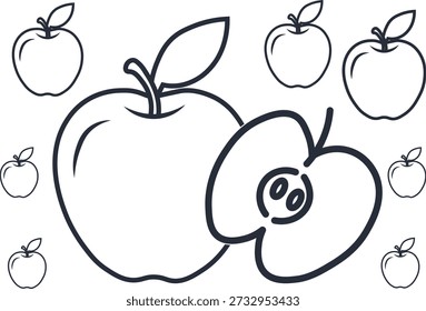 Dibujo de línea simple de varias manzanas, incluida una manzana cortada a la mitad con semillas