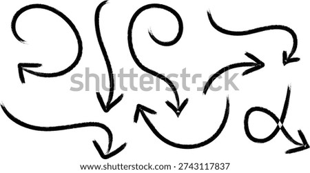 A simple line drawing of several curved arrows with pointed tips, varying in size and direction on a plain white background