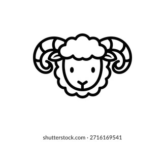 Um simples desenho de linha de um rosto de ovelha com chifres encaracolados e uma expressão amigável