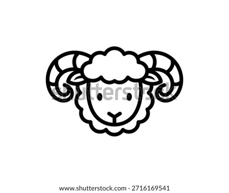 A simple line drawing of a sheep face with curly horns and a friendly expression