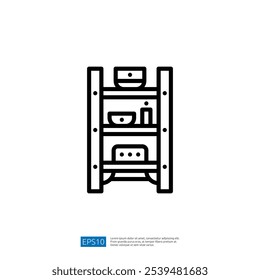 A simple line drawing of a shelf with bowls and a bottle, representing storage or organization in a minimalist style.