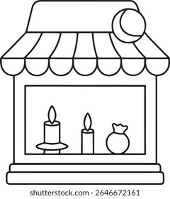 Um simples desenho em linha de uma frente de loja com um toldo recortado e uma lua crescente acima. Dentro da janela há duas velas acesas e uma bolsa de dinheiro, isoladas sobre fundo branco.