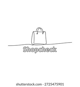 Dibujo de línea simple de una bolsa de la compra con el texto shopcheck debajo de ella
