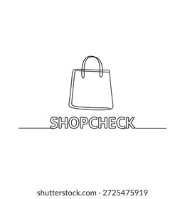 Desenho de linha simples de uma sacola de compras com o texto shopcheck abaixo