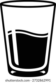 A simple line drawing of a short glass containing a dark beverage with a wavy surface