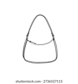 A simple line drawing of a shoulder bag, showcasing its curved shape, handle, and zipper detail. The design is clean and minimalist. Vector line art. Isolated on a white background.