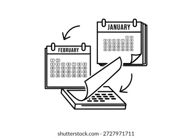 Un simple dibujo de línea que muestra calendarios y una computadora portátil con flechas que indican una conexión