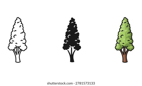 Simple line drawing showing conifer trees at different heights and foliage density. Minimalist black and green vector art.