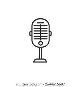 Simple line drawing showing a microphone with a round head and horizontal lines, positioned on a stand. This vector is rendered in black on a transparent background.