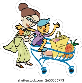Um simples desenho mostrando uma mãe usando um sari empurrando seu filho sentado em um carrinho de compras. Dentro do carrinho há uma bolsa, um abacaxi e algumas pequenas caixas, capturando uma cena diária do mercado.