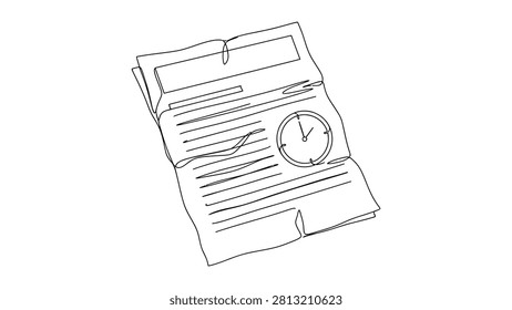 Simple line drawing showing a piece of paper with handwritten lines and a clock