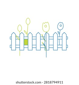 A simple line drawing showing stylized flowers growing behind a white wooden picket fence isolated on a white background