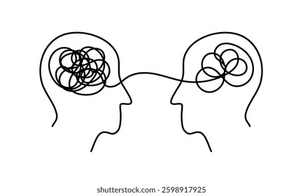 Simple line drawing showing two heads linked by a line, symbolizing shared thoughts or ideas.