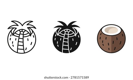 Simple line drawing showing a whole coconut, halved coconut revealing white interior, and coconut with ladder for climbing. Minimalist style.
