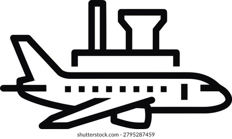 Simple line drawing shows airplane lifting off runway beside airport terminal