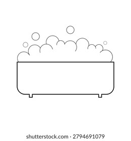 Simple line drawing shows a bathtub filled with bubbles. Bubbles float above the tub's rounded edges. Minimalist style emphasizes cleanliness and relaxation. Ideal for spa, bath, or wellness concepts