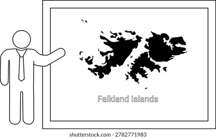 A simple line drawing shows a business person pointing to a map of the Falkland Islands displayed on a whiteboard.
