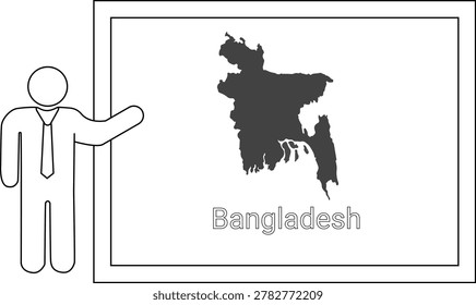 A simple line drawing shows a business person pointing to a map of Bangladesh on a whiteboard.