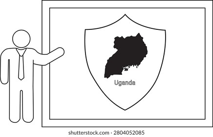 A simple line drawing shows a business person icon pointing to a shield with the map of Uganda inside.