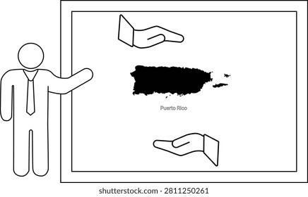 A simple line drawing shows a business man pointing to a map of Puerto Rico on a whiteboard, with two open hands above and below the map.
