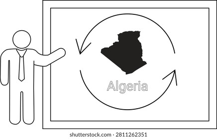 A simple line drawing shows a business person pointing to a screen displaying the map of Algeria within a circular arrow graphic.