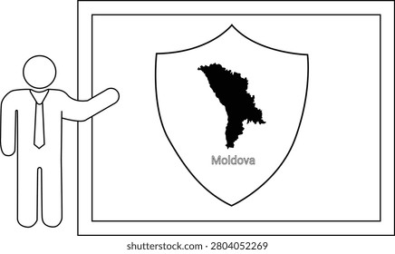 A simple line drawing shows a businessman pointing to a shield with the map of Moldova inside.