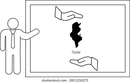 A simple line drawing shows a businessman pointing to a map of Tunisia, framed by two open hands.