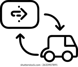 A simple line drawing shows a car with circular arrows indicating a cycle linked to a rectangle containing an arrow and dots, symbolizing process.
