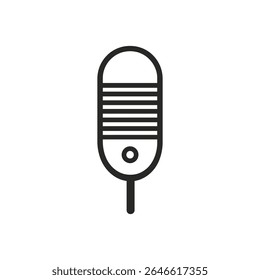 A simple line drawing shows a classic retro microphone with horizontal stripes. This linear icon is isolated and features a transparent background for versatile use.