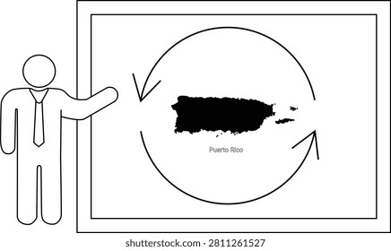 A simple line drawing shows a figure in a suit pointing to a map of Puerto Rico within a circle of arrows.