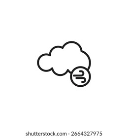 Eine einfache Strichzeichnung zeigt eine flauschige Wolke. Ein Kreis mit gekrümmten Linien, die Wind anzeigen, ist in der Nähe der unteren rechten Seite der Wolke positioniert. Stellt windiges und trübes Wetter dar.