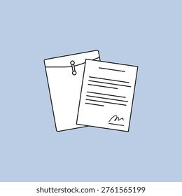 Simple line drawing shows a folder and a signed document. Folder features a buckle closure for secure holding. Document displays lines of text and a signature at the bottom
