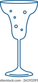 A simple line drawing shows a glass of bubbly beverage.  The outlined goblet depicts a carbonated drink with bubbles. Cartoon vector illustration