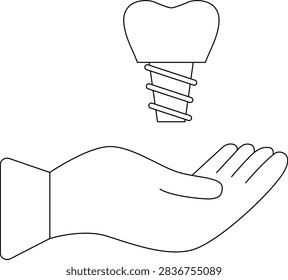 A simple line drawing shows a human hand open and upward, with a dental implant positioned above it, symbolizing care and support in dental procedures.