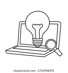Un simple dibujo de líneas muestra una computadora portátil con una bombilla que emerge de la pantalla y una lupa frente a ella, simbolizando ideas e investigación.