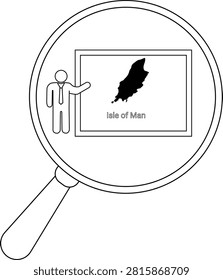 A simple line drawing shows a magnifying glass focusing on a map of the Isle of Man with a person presenting it.