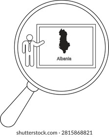 A simple line drawing shows a magnifying glass focused on a presentation slide featuring the map of Albania and the countrys name.