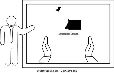 A simple line drawing shows a man in a suit pointing to a map of Equatorial Guinea on a whiteboard, with two hands appearing from the bottom.