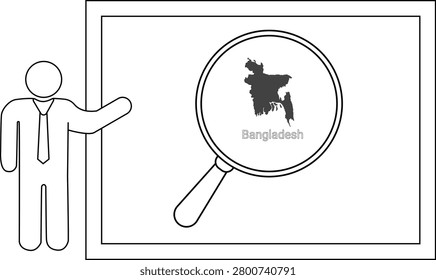 A simple line drawing shows a person pointing to a whiteboard displaying a magnified map of Bangladesh.