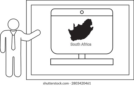 A simple line drawing shows a person in a suit pointing to a computer screen displaying a map of South Africa.