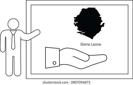 A simple line drawing shows a person in a suit pointing to a map of Sierra Leone and a hand symbol.