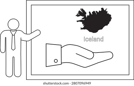 A simple line drawing shows a person in a suit and tie presenting a map of Iceland on a whiteboard, with a graphic of an open hand below it.