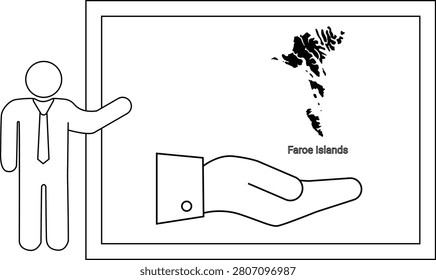 A simple line drawing shows a person in a suit pointing to a map of the Faroe Islands, with a hand offering support.