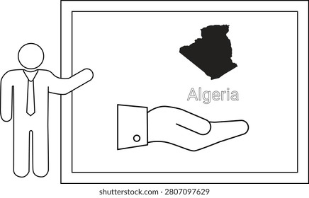 A simple line drawing shows a person presenting a map of Algeria and a hand gesture indicating business or support.
