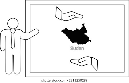 A simple line drawing shows a person in a suit pointing to a map of South Sudan on a whiteboard, with two hands above and below the map.